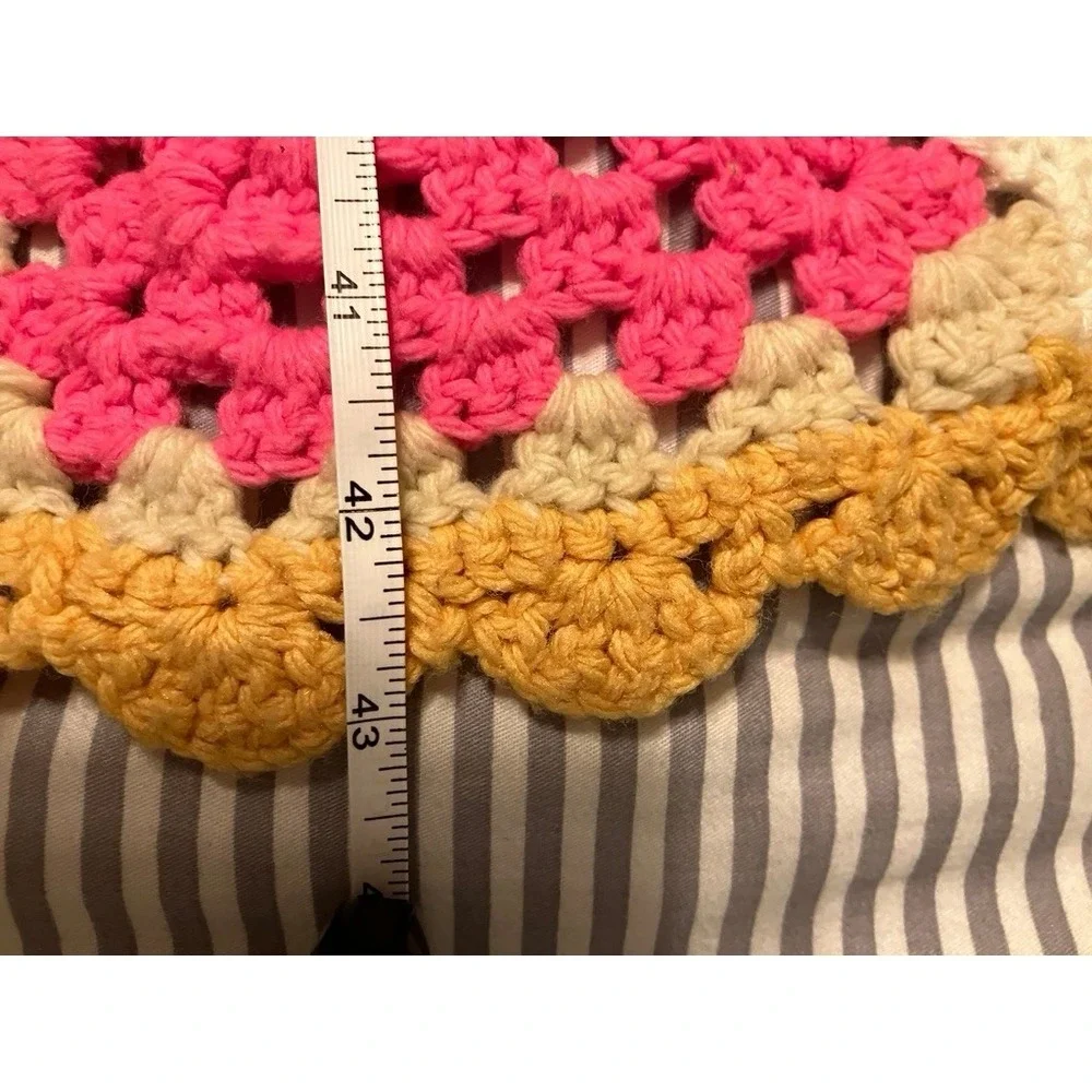 Handmade Crochet Granny Square Blanket Unisex 42x49 Pink Red Beige Cottage Throw